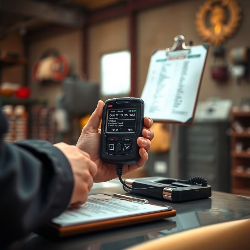 Close-up of a professional OBD-II diagnostic scanner connected to a vehicle with a printed fault-code report nearby