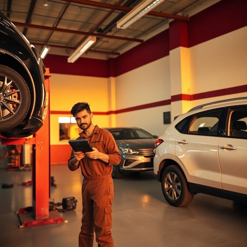 Wide view of the ALO BRO workshop interior with two cars on lifts and a technician using a diagnostic scanner