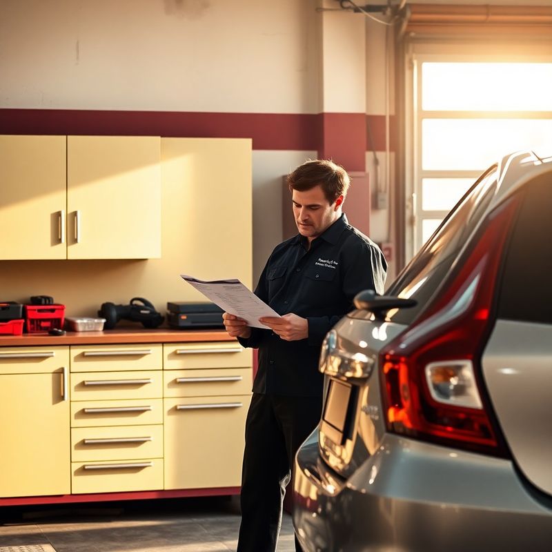 Mechanic reviewing a printed job sheet beside a silver hatchback in a warmly lit ALO BRO service bay