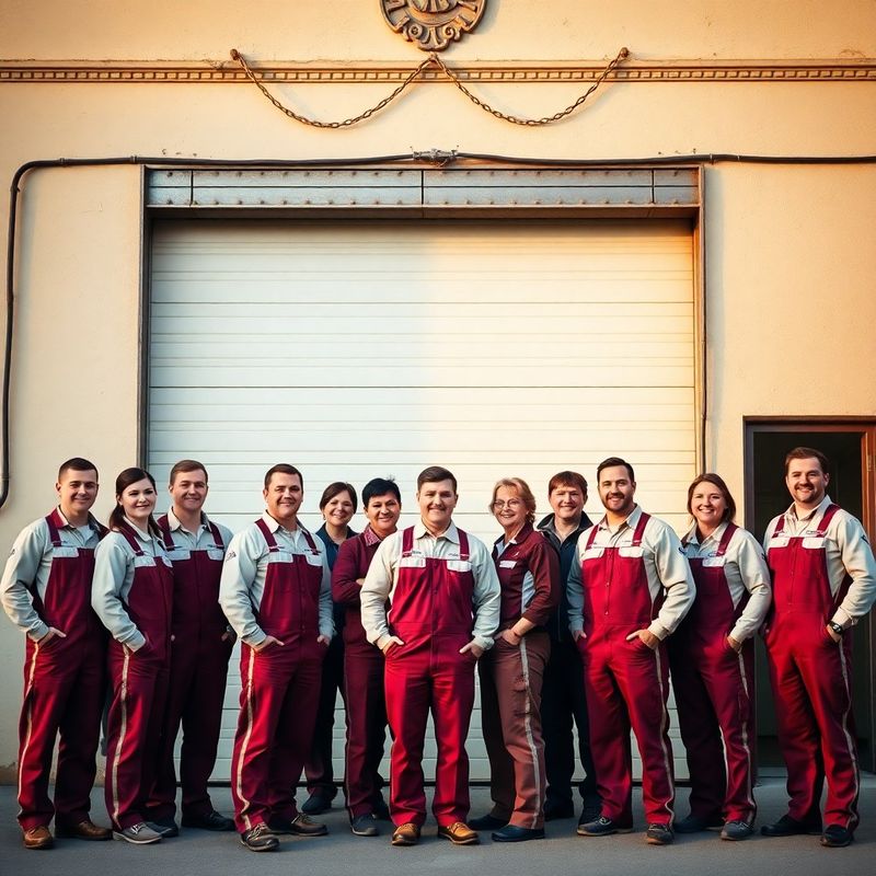 Twelve-person ALO BRO team in cream and burgundy overalls outside the workshop facade in golden-hour light