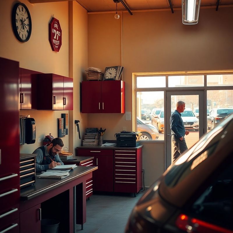 Tidy workshop interior with cream walls, burgundy tool cabinets, a mechanic at a workbench writing a job sheet